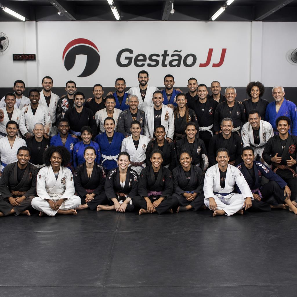 Turma de Jiu-Jitsu reunida no tatame para a foto de fim de treino, sob o logo da academia